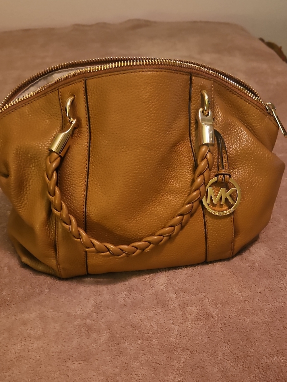Michael Kors Tan Leather Braided-Handle Shoulder Bag with Gold Hardware